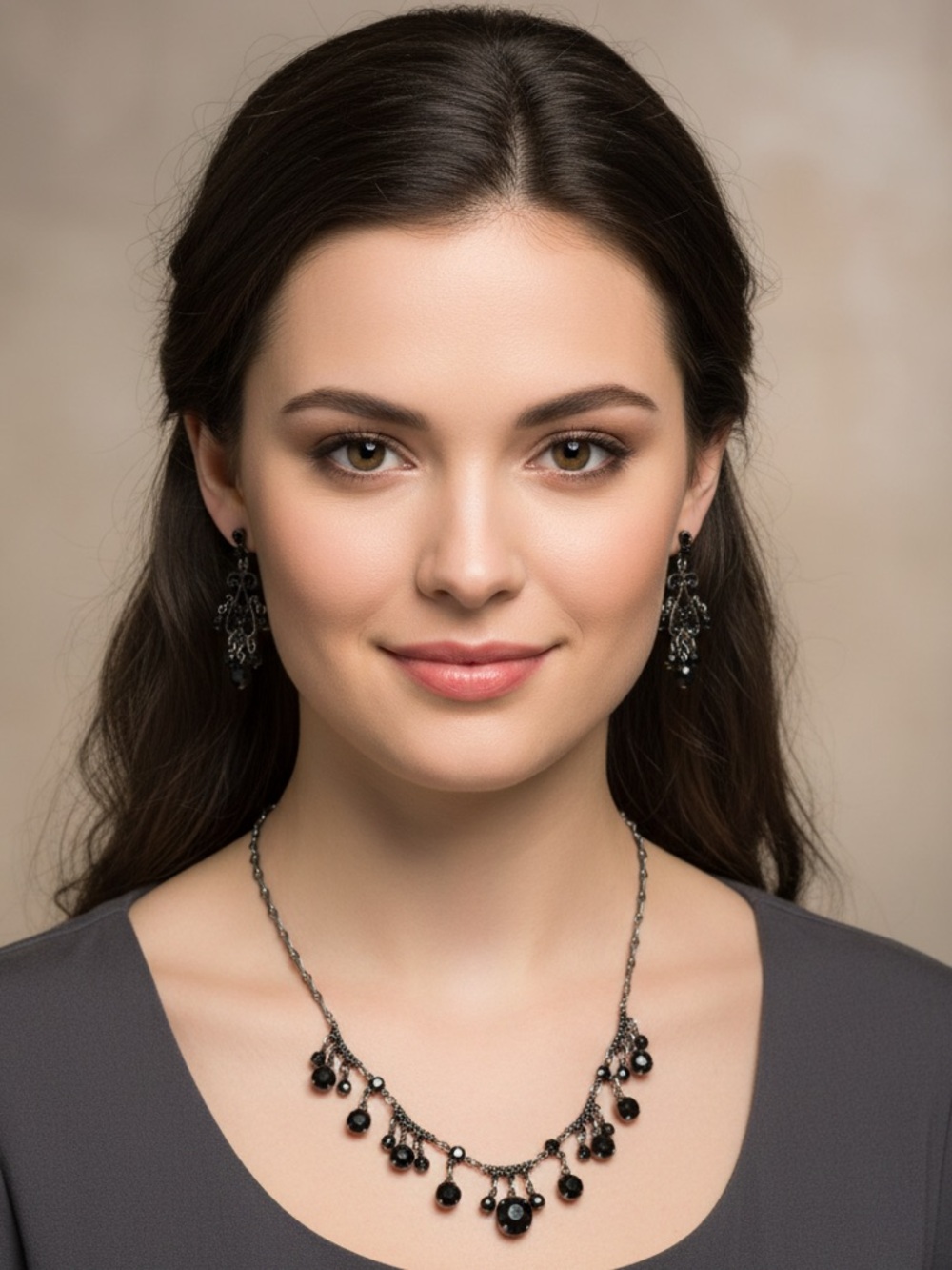 Black crystal silver tone dangle silver necklace earring set rhinestones 17.5 in - Picture 1 of 10